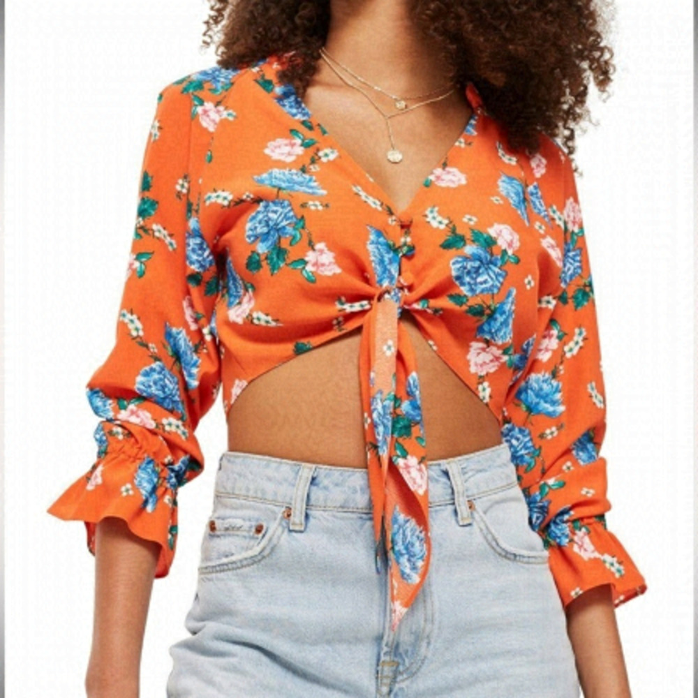 TOPSHOP Womens Orange Floral Tie Plunge Cropped Blouse